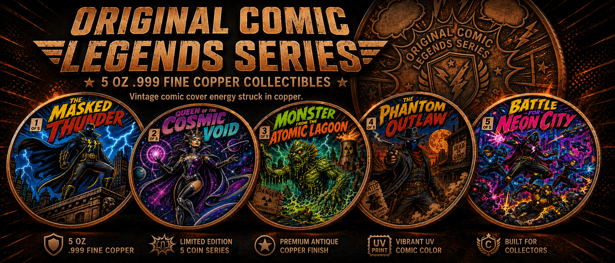 Cover illustration for Original Comic Legends Series: 5 oz Copper Collectibles Reborn as Comic Cover Art