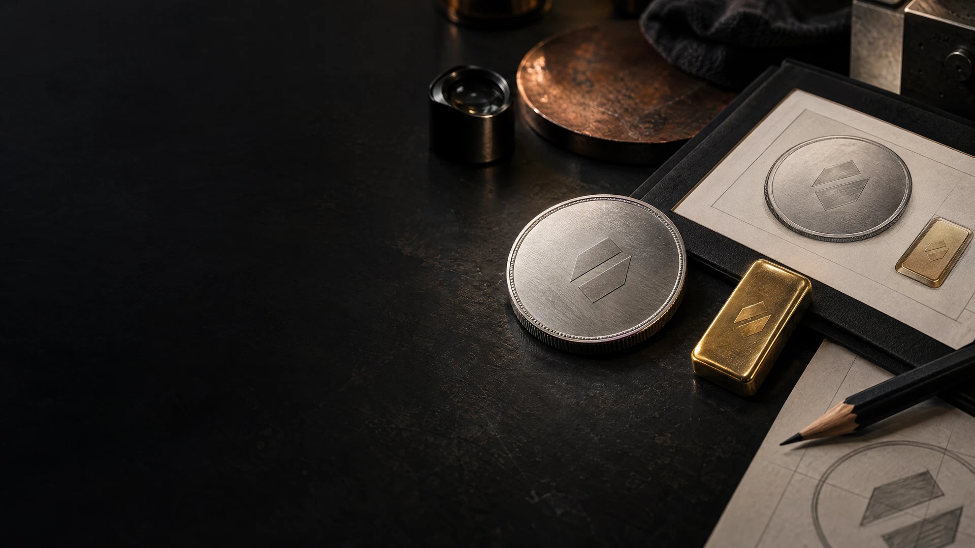 Unbranded silver round and gold bar beside a brand approval folder and geometric asset mark